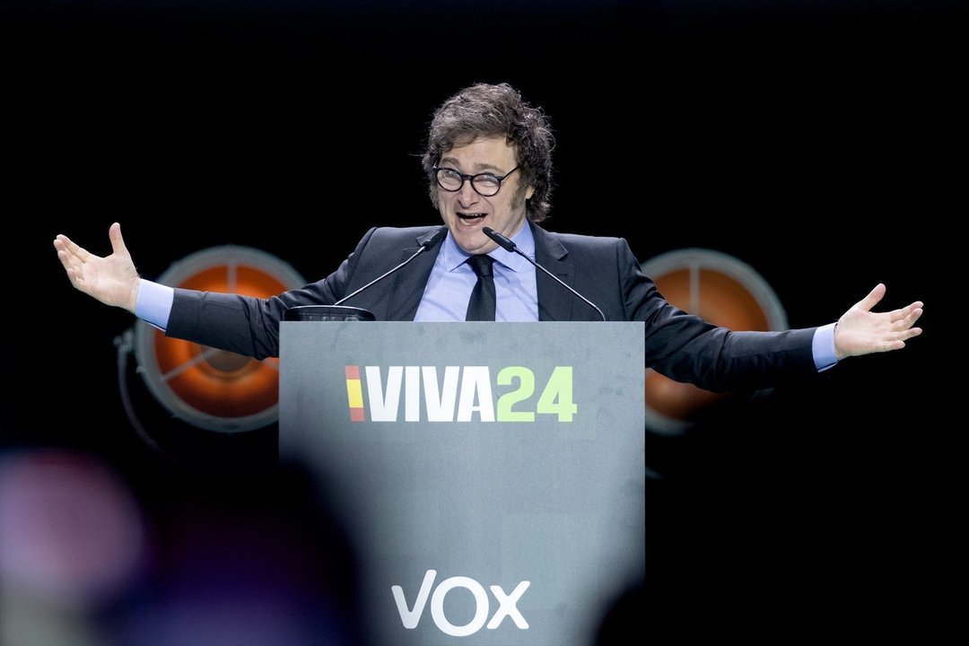 El presidente de Argentina, Javier Milei, durante el acto ‘Viva 24’ de VOX, en el Palacio de Vistalegre, a 19 de mayo de 2024, en Madrid. // EP