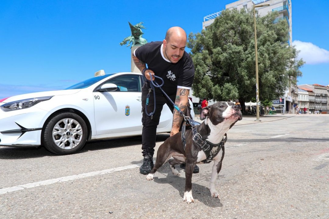 Coke Díez, ayer en el Paseo de Alfonso, con un perro antes de introducirlo en su taxi para realizar un servicio.